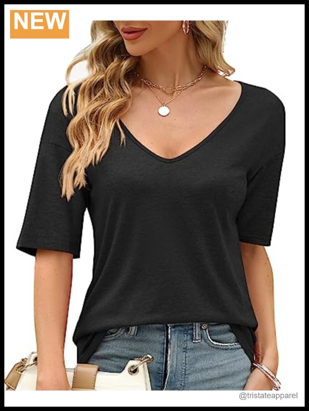 Womens V-Neck Half Sleeve Loose Fit Solid Basic T-Shirt Casual Summer Top